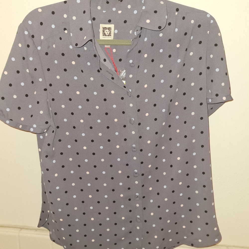 SOLD.  Anne Klein grey polka dot blouse sz Med